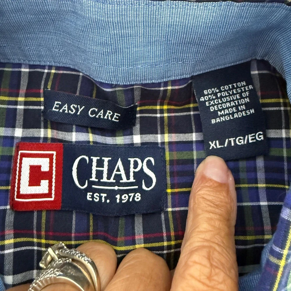 Chaps Mens XL Easy Care Plaid Button Down Shirt Navy Blue Green Long Sleeve - Picture 6 of 9